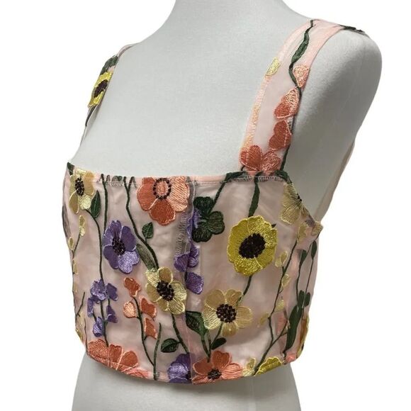 Floral Applique Sleeveless blouse. Embroidered flowers peach pink yellow daisies - Picture 2 of 16